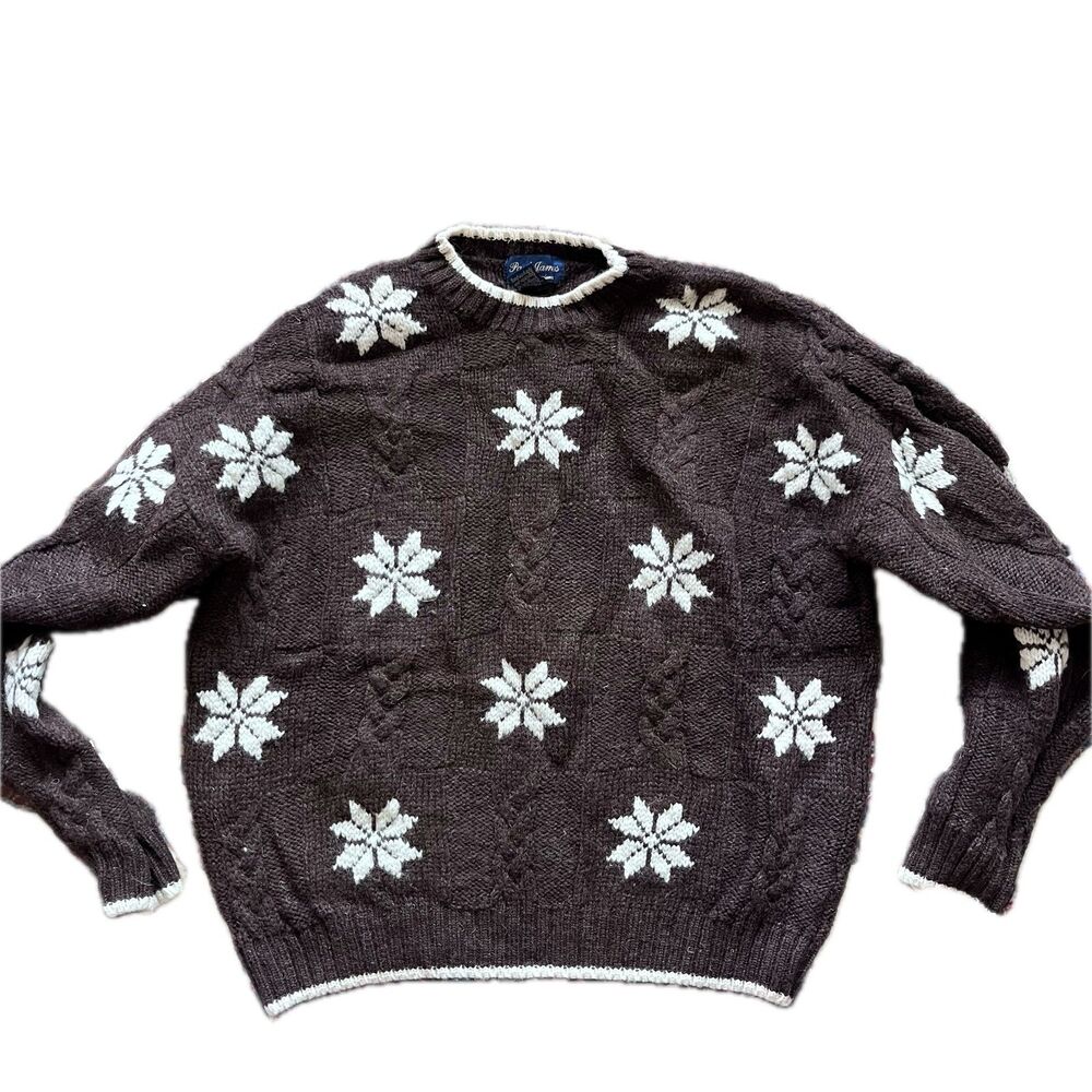 Vintage Paul James Brown White 100% Wool Cable Knit Men's Sweater Size L